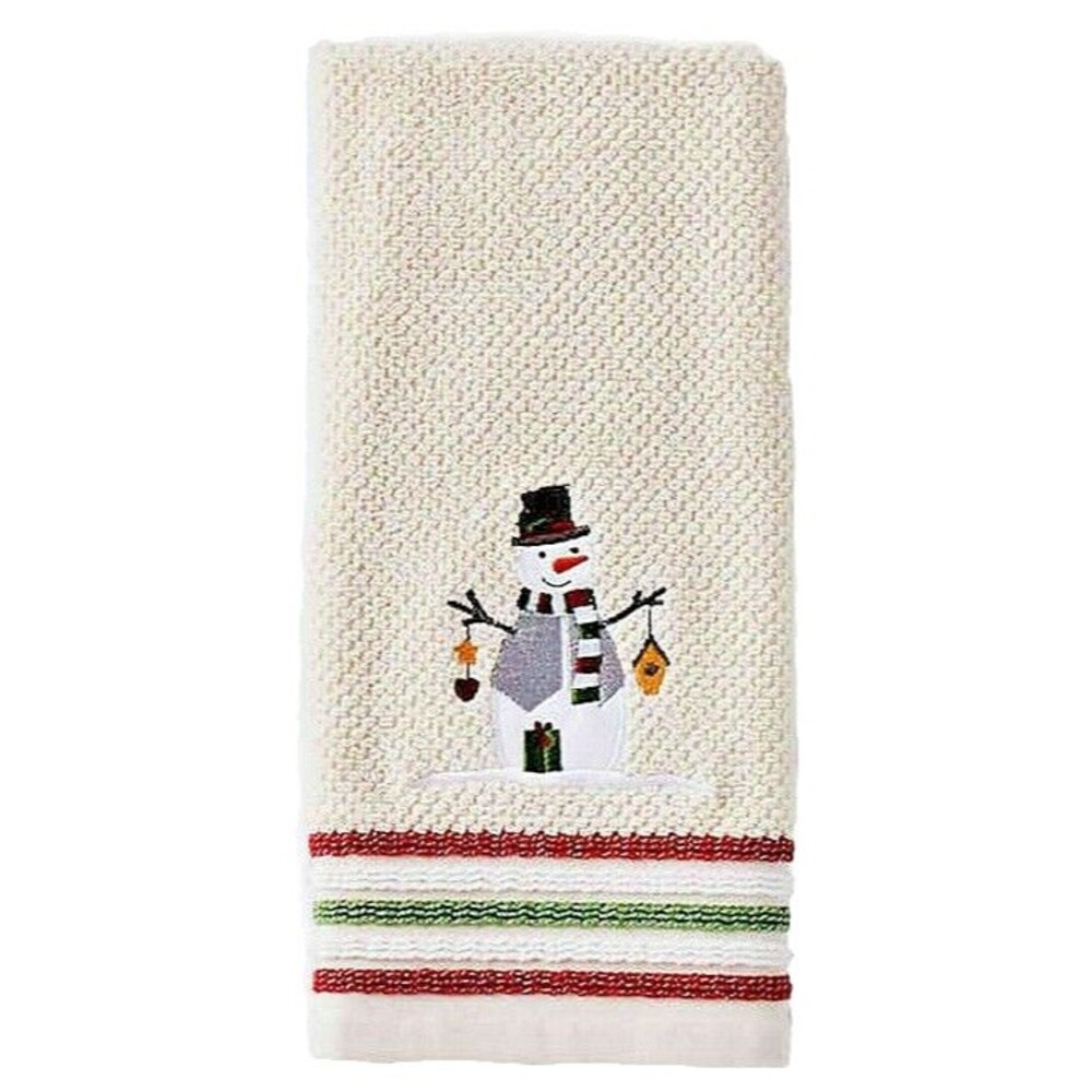 Christmas Snowman Hand Towels Winter Beige Tan Embroidered Holiday Set of 2